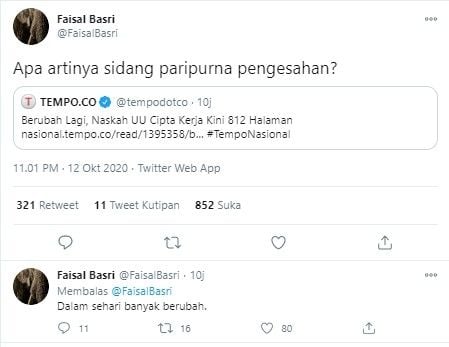 Faisal Basri kritik draf UU Cipta Kerja yang berubah-ubah (Twitter/faisalbasri)