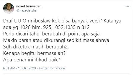 Novel Baswedan bingung UU Ciptaker punya banyak versi (Twitter/nazaqistsha)