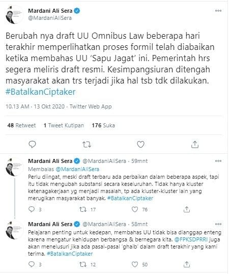 Mardani Ali mau telusuri pasal gaib di UU Cipta Kerja (Twitter/mardanialisera)