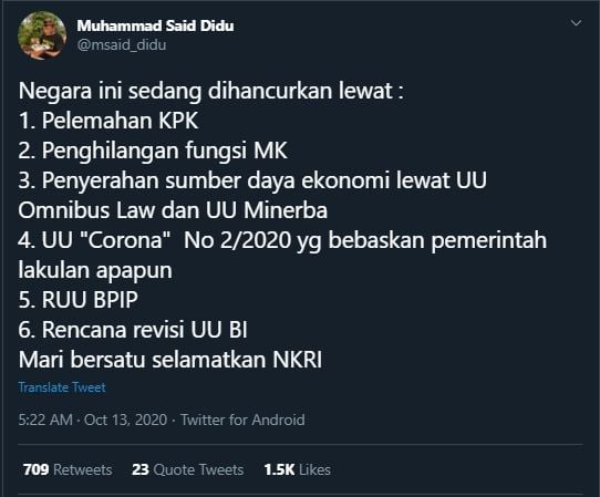 Kicauan Said Didu Sebut Negara Sedang Dihancurkan (Twitter/@msaid_didu).