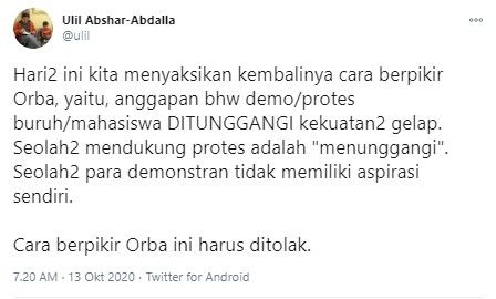 Cuitan Ulil Abshar soal tudingan demo ditunggangi (Twitter/ulil)