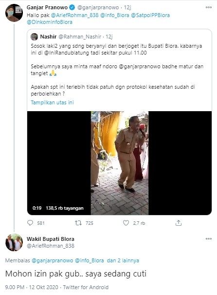 Ditegur Ganjar Pranowo, jawaban Wakil Bupati Blora disorot publik (Twitter)