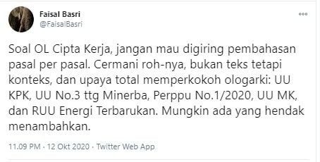 Faisal Basri kritik draf UU Cipta Kerja yang berubah-ubah (Twitter/faisalbasri)