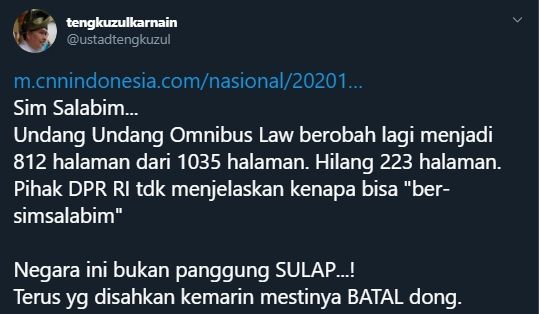 Kicauan Tengku Zulkarnain Kritik Jumlah Halaman UU Ciptaker Ganti Lagi (Twitter/@ustadztengkuzul).