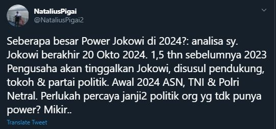 Kicauan Natalius Pigai Prediksi Jokowi Tumbang 20 Oktober 2024 (Twitter/@NataliusPigai2).