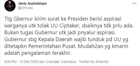 Jimly Asshiddiqie sebut gubernur keliru surati Jokowi tolak Ciptaker (Twitter/jimlyas)