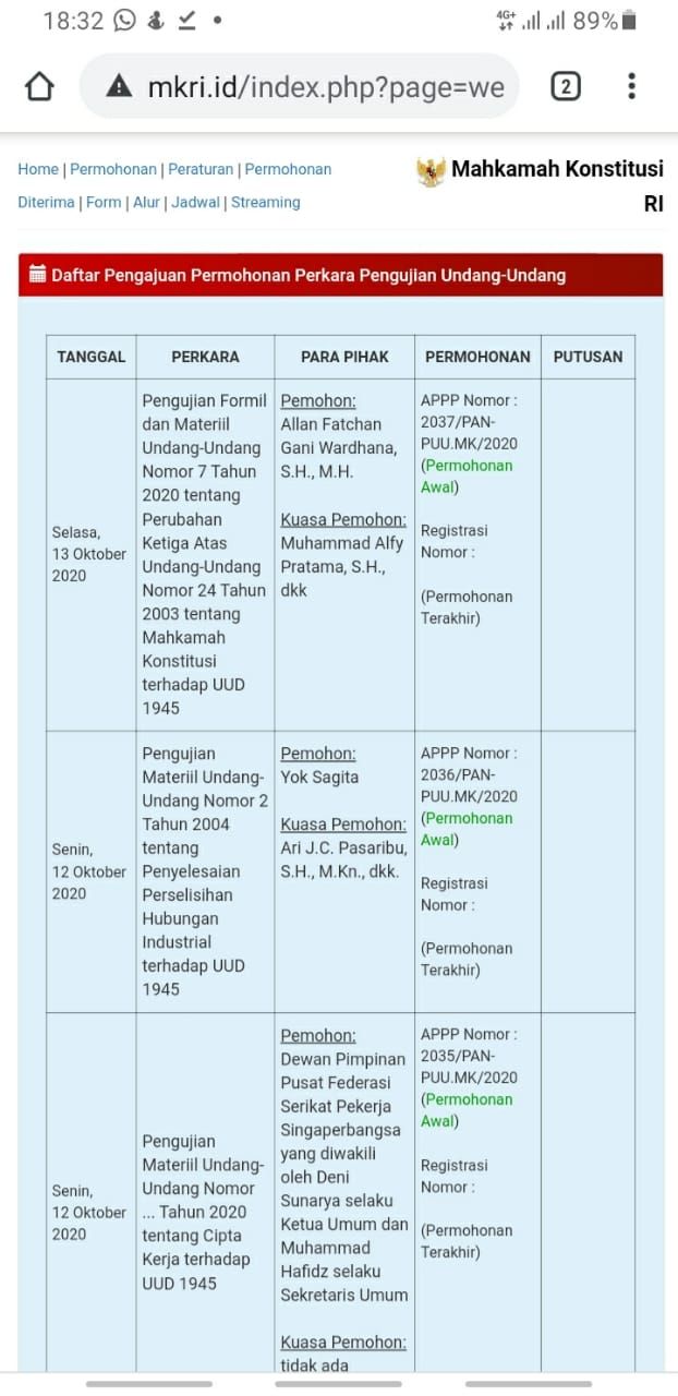 Daftar Gugatan revisi UU MK oleh Tim PSHK UII, dalam laman resmi pendaftaran gugatan Mahkamah Agung. Gugatan didaftarkan Senin (13/10/2020). [Kontributor / Uli Febriarni]