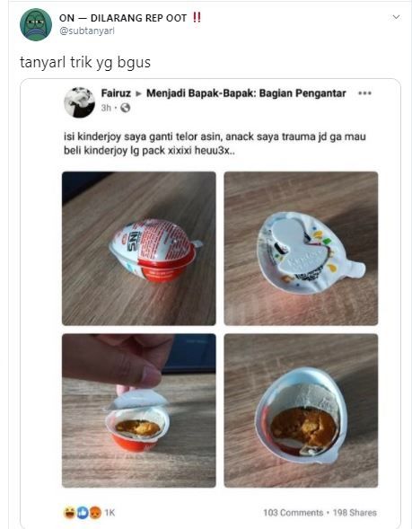 Isi Kinder Joy diganti telur asin (Twitter @subtanyarl)