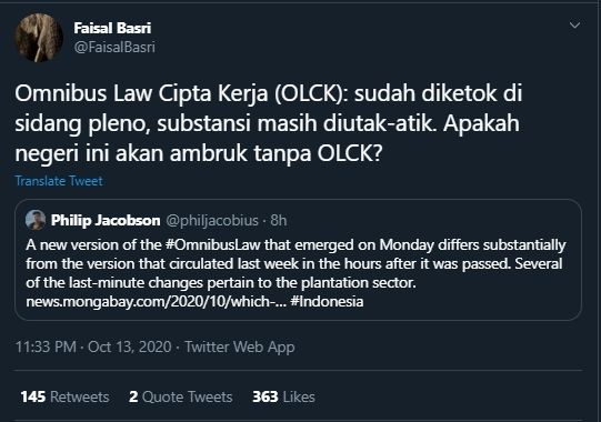 Faisal Basri Kritik Omnibus Law, Tanpa Itu Apakah Indonesia Hancur? (Twitter/@FaisalBasri).