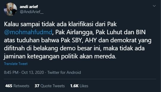 Kicauan Andi Arief Sebut Pihak Dibalik Tuduhan Demokrat Tunggangi Aksi (Twitter/AndiArief_).