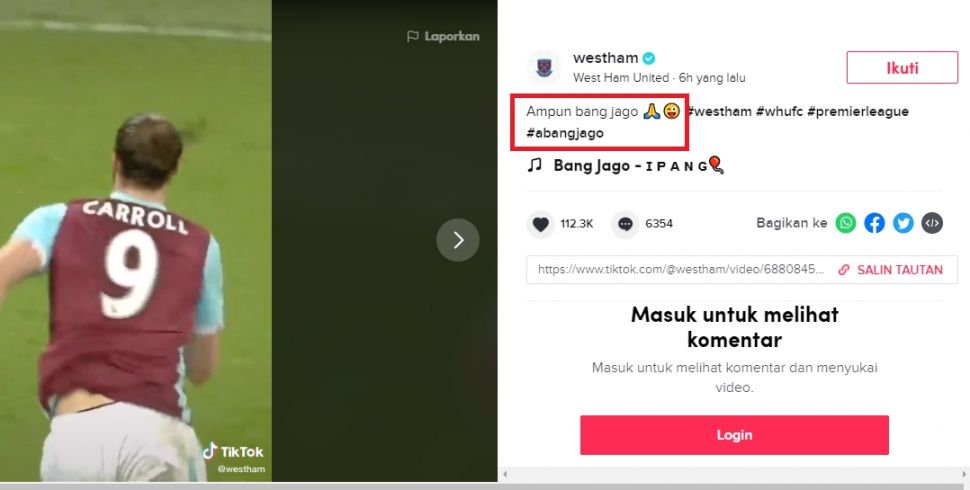 West Ham main TikTok pakai lagu Ampun Bang Jago. (TikTok/@westham).