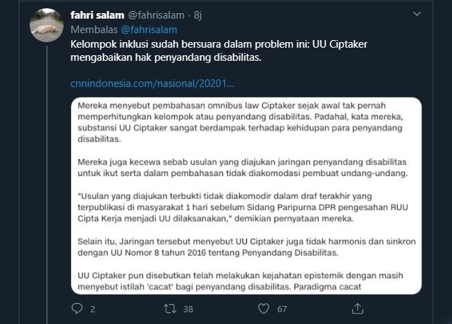 DPR gunakan diksi cacat di UU Omnibus Law. (Twitter/@fahrisalam)