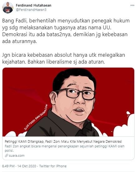 Ferdinand skak Fadli Zon soal petinggi KAMI ditangkap polisi (Twitter/ferdinandhaean3)