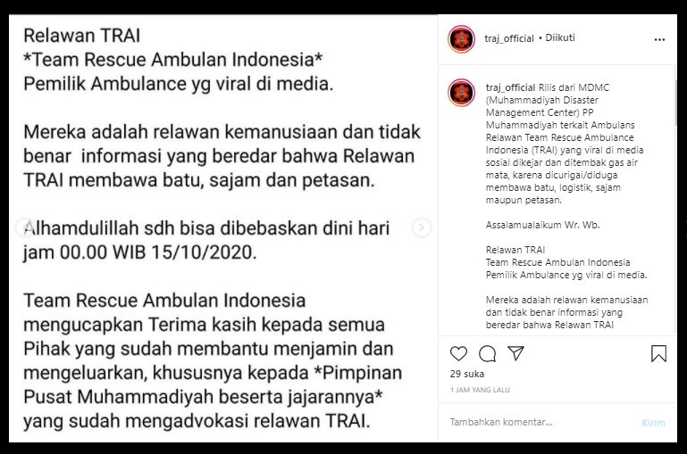 MDMC Klarifikasi Kasus Ambulans yang Disebut Bawa Batu dan Sajam (Instagram/@traj_official).