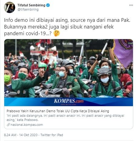 Tifatul Sembiring tanya Prabowo soal demo UU Ciptaker dibiayai asing (Twitter/tifsembiring)