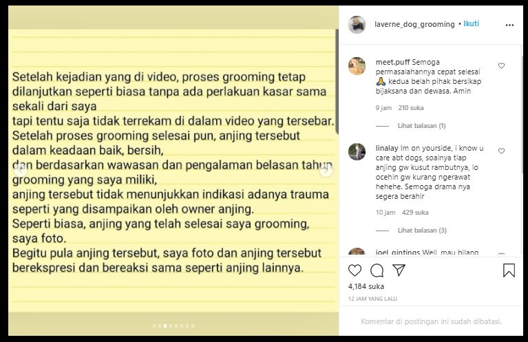 Viral Video Perlakuan Kasar Groomer ke Anjing Pelanggan, Ini Klarifikasinya (Instagram/@laverne_dog_grooming).