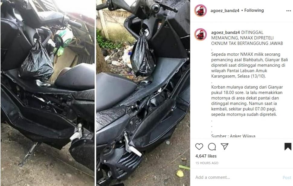 Yamaha Nmax dipereteli pencuri saat ditinggal memancing. (Instagram)