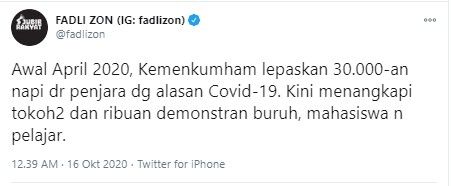 Fadli Zon kritisi penangkapan demonstran tolak uu cipta kerja (Twittr/fadlizon)