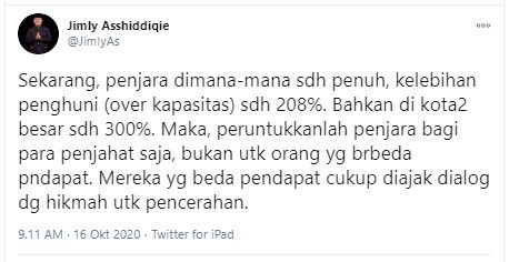 Jimly Asshiddiqie sebut penjara untuk penjahat saja, bukan orang beda pendapat (Twitter/jimlyas)