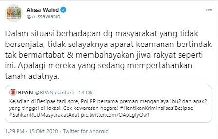 Alissa Wahid kecam Satpol PP tendang ibu-ibu di Besipae (Twitter/alissawahid)