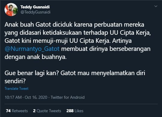 Kicauan Teddy Gusnaidi Menyebut Gatot Nurmantyo Selamatkan Diri Sendiri (Twitter/@TeddyGusnaidi).