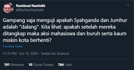 Kicauan Rachland Nashidik Sebut Gampang Untuk Menguji Syahganda Nainggolan dan Jumhur Hidayat Benar Dalangi Aksi (Twitter/@RachlandNashidik).