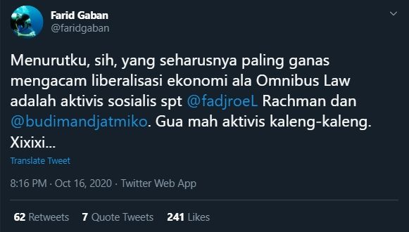 Kicauan Farid Gaban Sebut Budiman Sudjatmiko dan Fadjroel Rachman Seharusnya Menentang Omnibus Law (Twitter/Faridgaban).