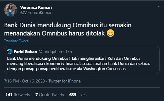 Veronica Koman's tweet calls for the World Bank to increasingly sign the signatures of the general law that should be rejected (Twitter / @ veronicakoman).