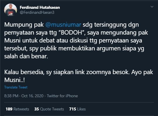 Kicauan Ferdinand Hutahaean Tantang Debat Musni Umar (Twitter/FerdinandHaean3).