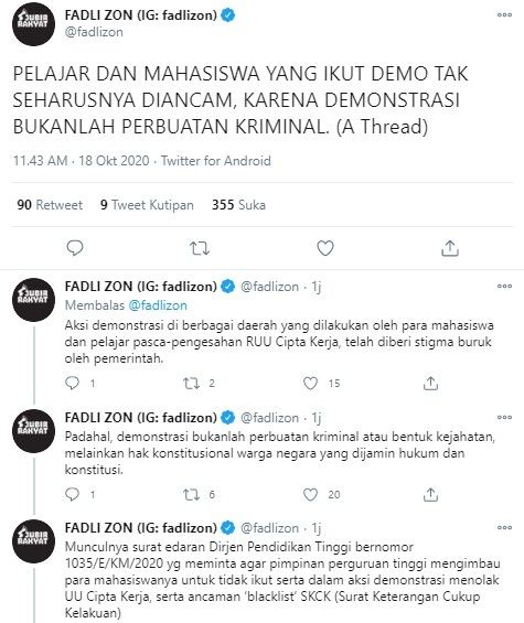 Komentar Fadli Zon soal pelajar dan mahasiswa demo diancam (Twitter/fadlizon)