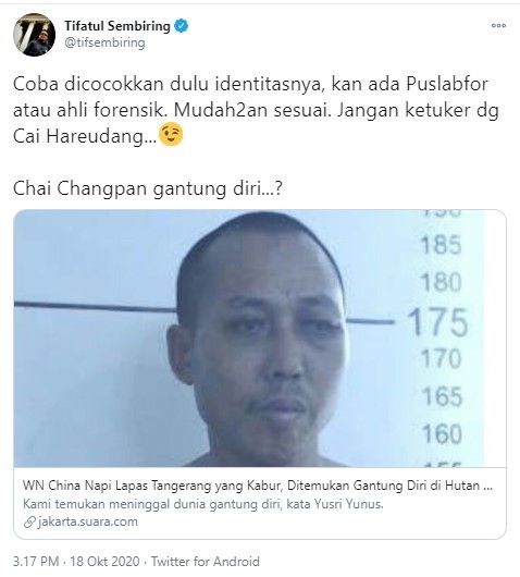 Tifatul minta polisi pastikan Napi WN China kabur benar gantung diri (Twitter/tifsembiring)