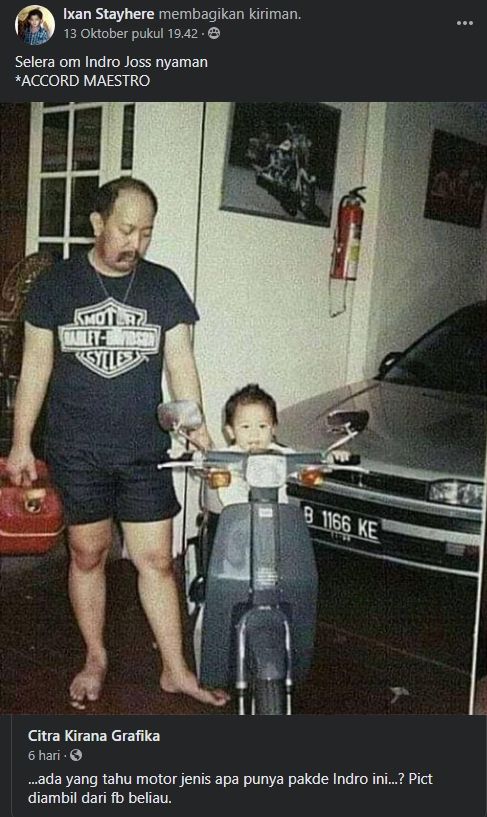 Potret lawas Indro Warkop dan mobil tuanya. (Facebook)