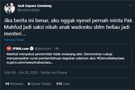 Kicauan Sujiwo Tejo Mengapresiasi Mahfud MD yang Mengizinkan Adanya Aksi Hari Ini (Twitter/@sudjiwotedjo).