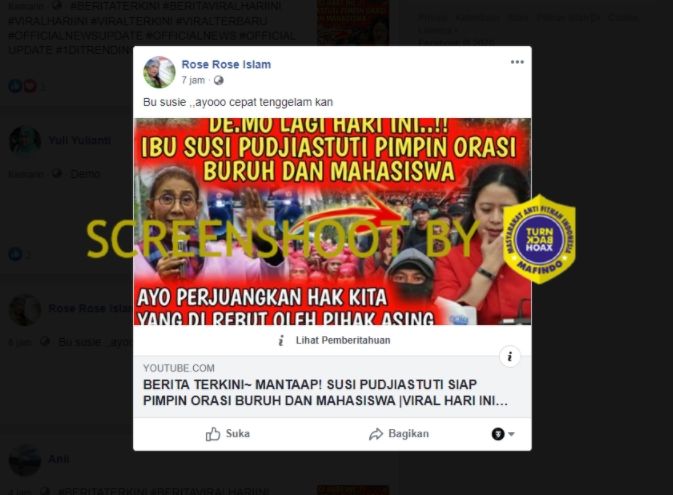 Cek Fakta Susi Pudjiastuti Disebut Jadi Pemimpin Orasi Buruh dan Mahasiswa 17 Oktober 2020 (Turnbackhoax.id).