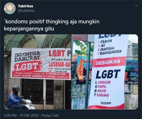 Spanduk LGBT yang tersebar di media sosial. (Twitter/@tubirfess)