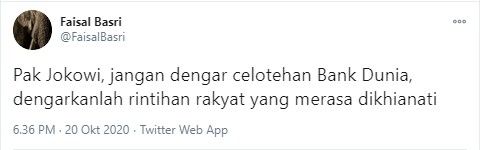 Faisal Basri minta Jokowi jangan dengar celotehan bank dunia (Twitter/faisalbasri)