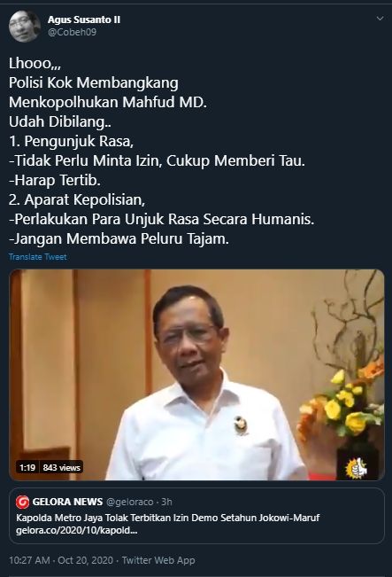 Kicauan Kritikus Sebut Polisi Membangkang Mahfud MD Lantaran Tidak Mengeluarkan Izin Unjuk Rasa (Twitter/@Cobeh09).