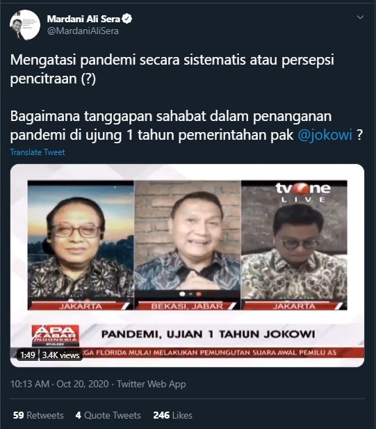 Satu Tahun Jokowi, Mardani Ali Sera Kritiki Penanganan Covid-19 (Twitter/MardaniAliSera).