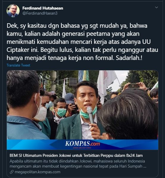 Cuitan Ferdinand Hutahaean Klaim UU Ciptaker Menguntungkan Mahasiswa (Twitter/@ferdinandhaean3).