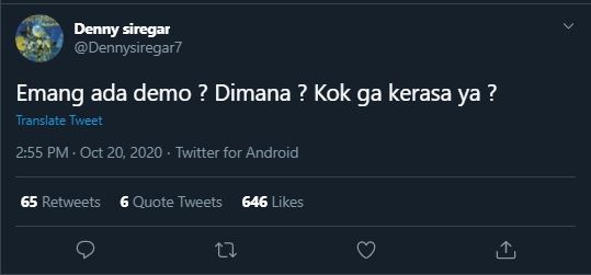 Kicauan Denny Siregar Mengaku Tidak Merasa Ada Demo Hari Ini (Twitter/@Dennysiregar7).