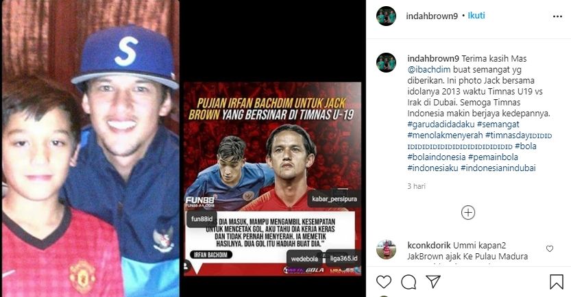 Jack Brown idolakan pemain PSS Sleman, Irfan Bachdim. (Instagram/@indahbrown9).