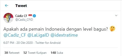 Cadiz CF bertanya di Twitter, apakah ada pemain Indonesia dengan level bagus. (Twitter/@Cadiz_CFID).