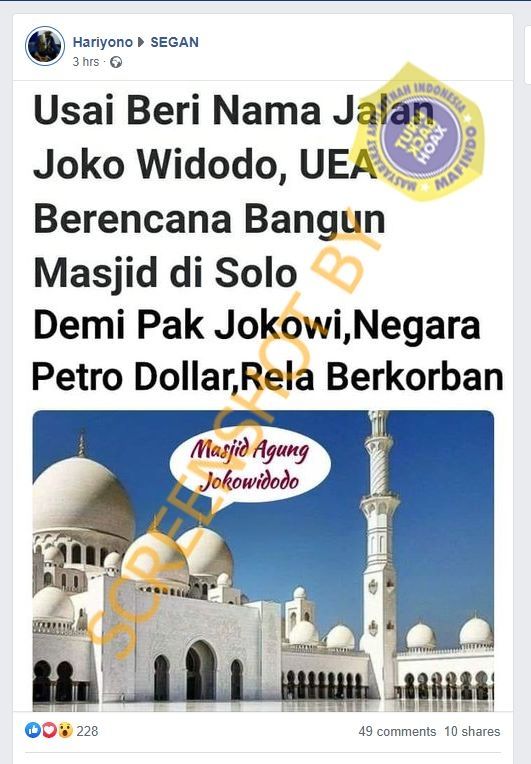 Fakta UEA bangun masjid di Solo demi Jokowi (Turnbackhoax.id)