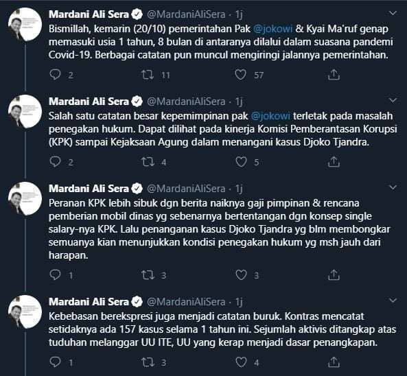 Kritik Mardani Ali Sera terhadap pemerintahan Jokowi-Ma'ruf. (Twitter/@MardaniAliSera)