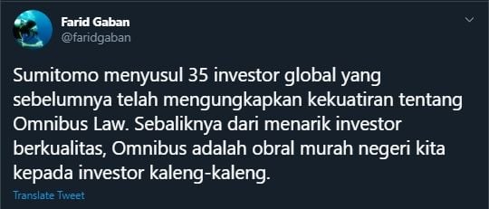 Tangkapan Layar Cuitan Farid Gaban Sebut Omnibus Law Obral Murah Negara ke Investor Kaleng-kaleng (Twitter/@Faridgaban).