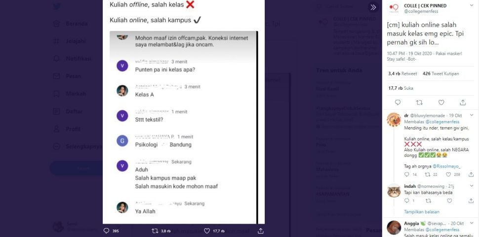 salah masuk kampus saat kelas online (Twitter/collegemenfess)