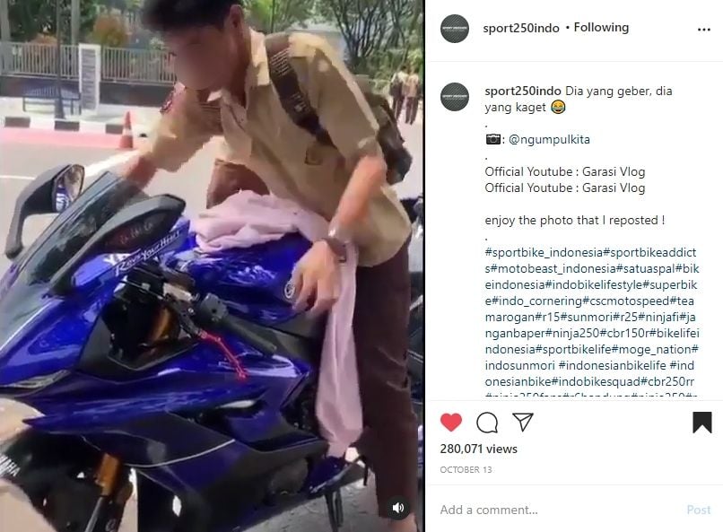 Aksi penunggang Yamaha R6 bikin ngakak. (Instagram)