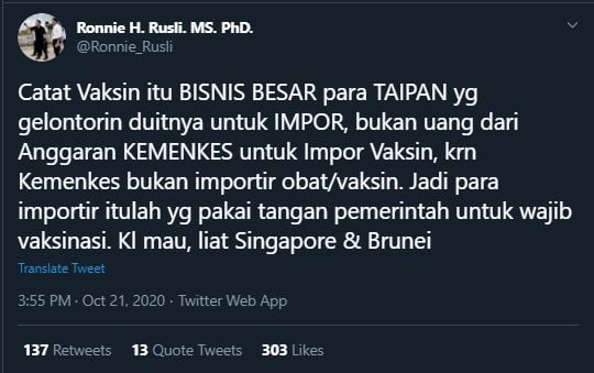 Tangkapan Layar Cuitan Guru Besar UI Sebut Vaksin Adalah Bisnis Para Taipan (Twitter/@Ronnie_Rusli).