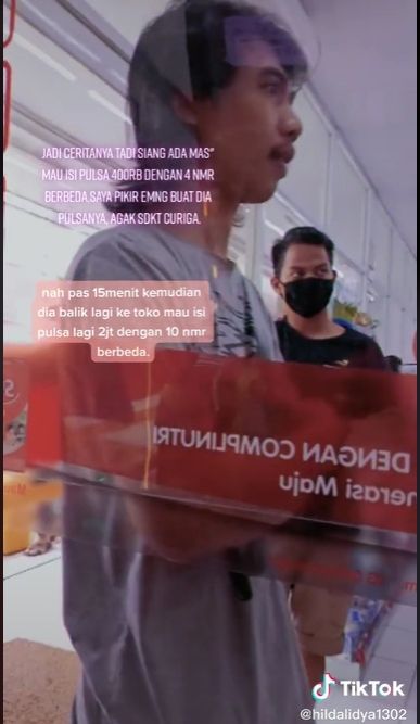 Tangkapan Layar Video Viral Pria Kena Hipnotis Nyaris Isi Pulsa Jutaan Rupiah, Digagalkan Petugas Minimarket (TikTok/@hildalidya1302).