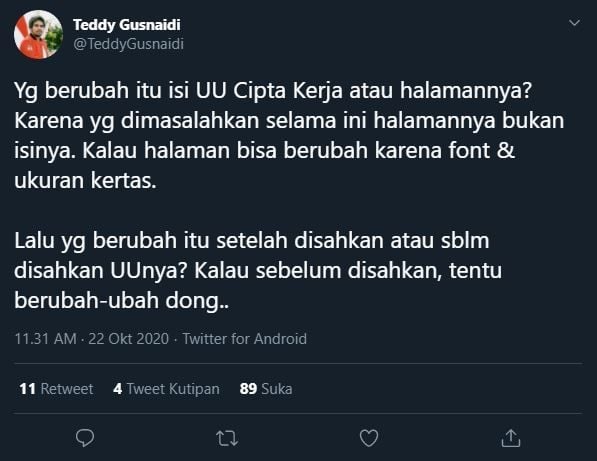 Teddy Gusnaidi tentang Omnibus Law. (Twitter/@TeddyGusnaidi)